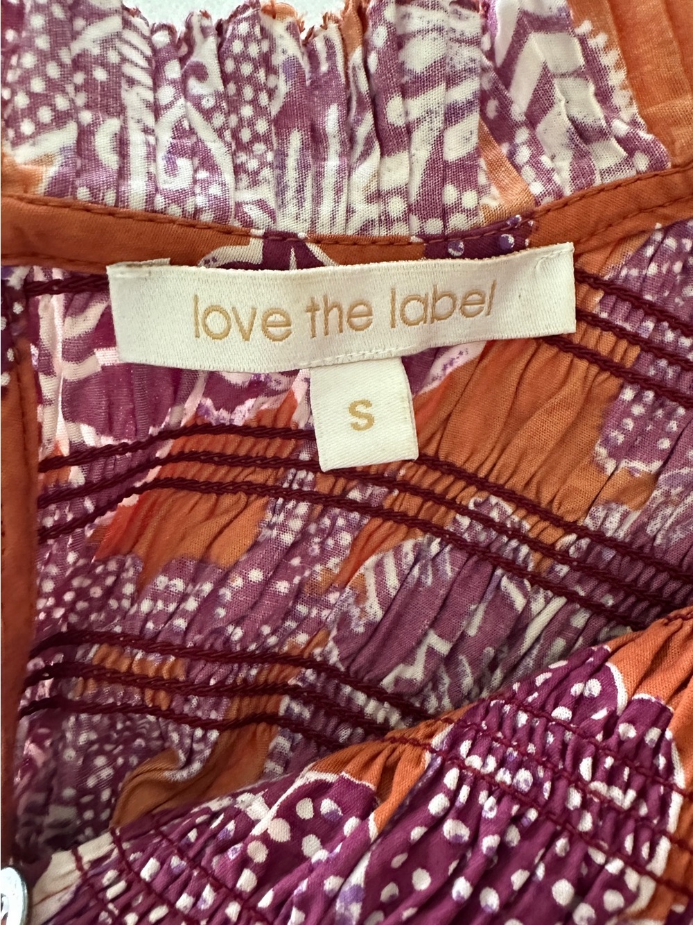 Love The Label Long sleeve, smocked, ruffle shirt. Orange/purple/maroon. Sz Sm - Picture 5 of 7